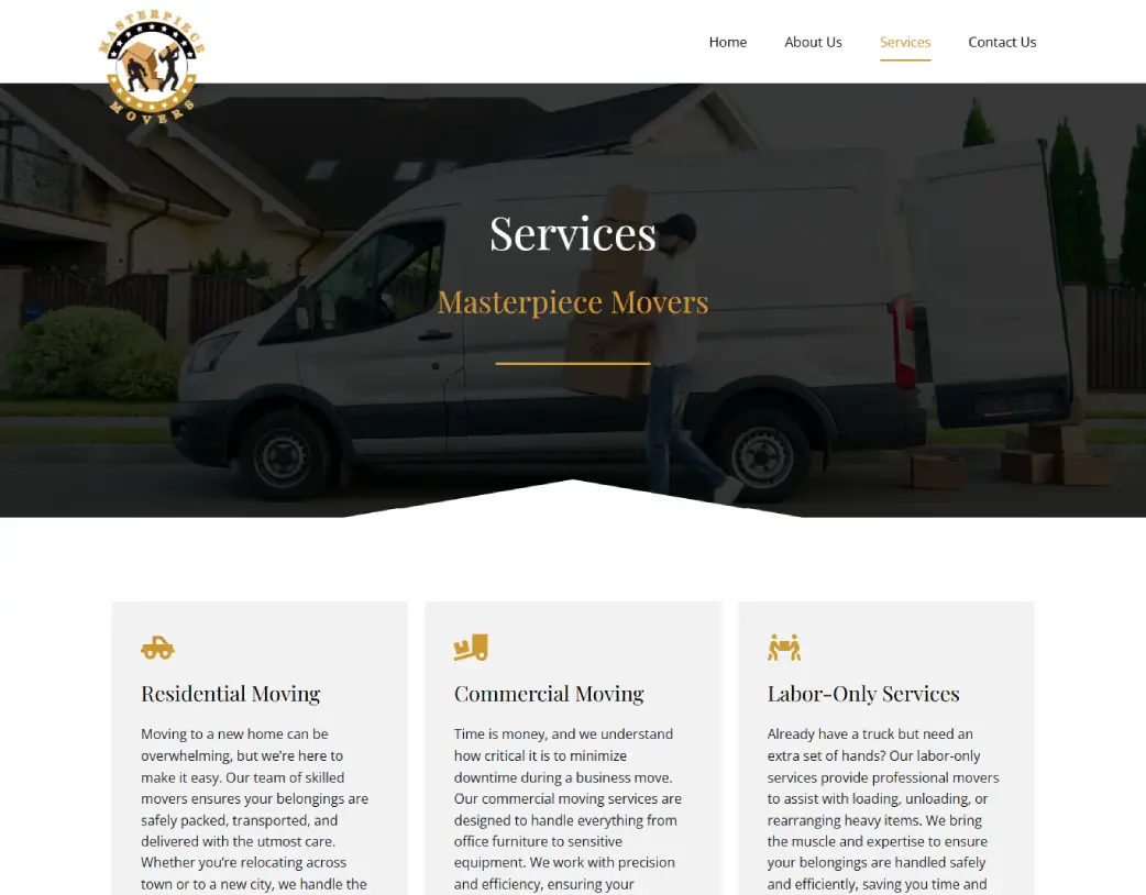 Our Services page of Masterpiece Movers, designed and developed using WordPress and Elementor by Vishal Chaudhary