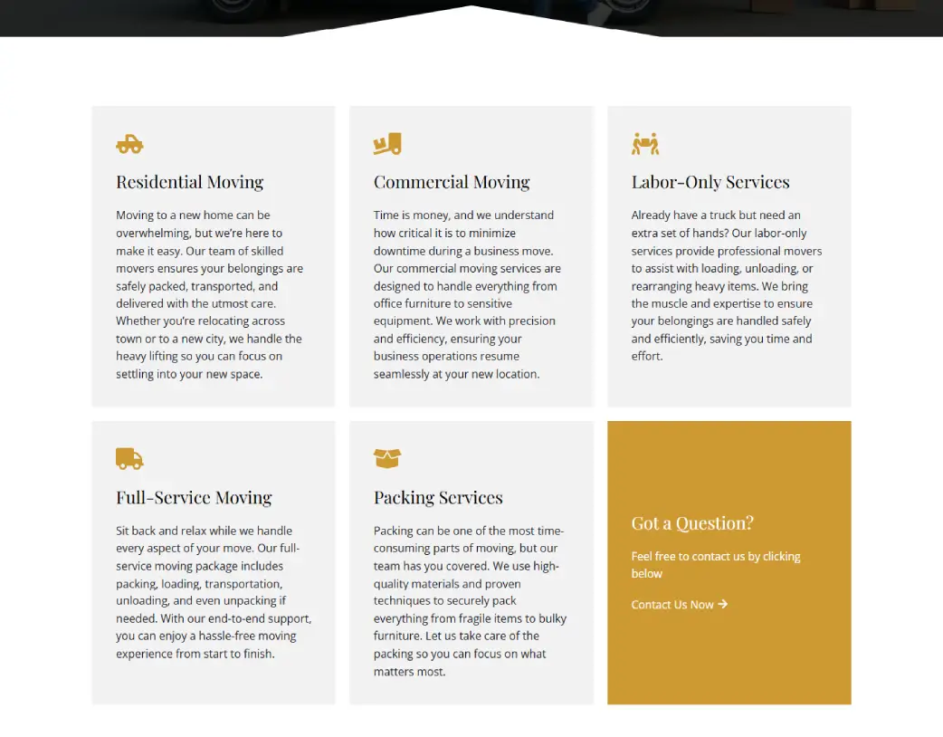 Our Services page services grid section of Masterpiece Movers, designed and developed using WordPress and Elementor by Vishal Chaudhary