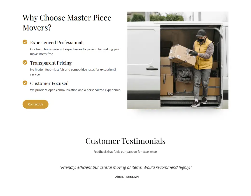 Our Services page why choose section of Masterpiece Movers, designed and developed using WordPress and Elementor by Vishal Chaudhary