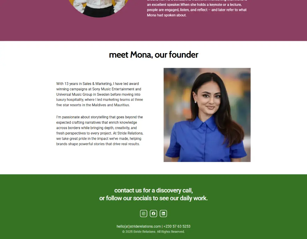 Meet Our Founder section of Stride Relations landing page, developed in Elementor from PDF design by Vishal Chaudhary