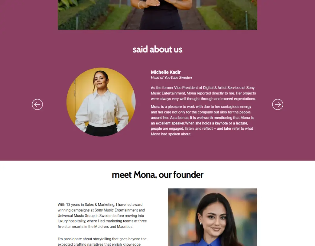 Testimonials section of Stride Relations landing page, developed in Elementor from PDF design by Vishal Chaudhary