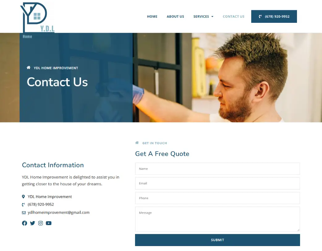 Contact us page of YDL Home Improvement, designed and developed using WordPress and Elementor by Vishal Chaudhary