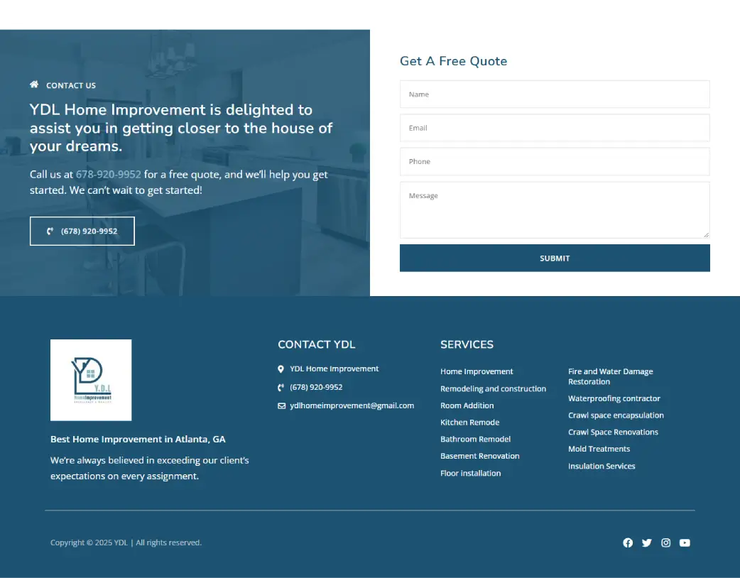 Footer of YDL Home Improvement website designed and developed using WordPress and Elementor by Vishal Chaudhary