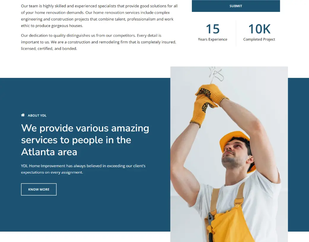 Homepage About us section of YDL Home Improvement website designed and developed using WordPress and Elementor by Vishal Chaudhary