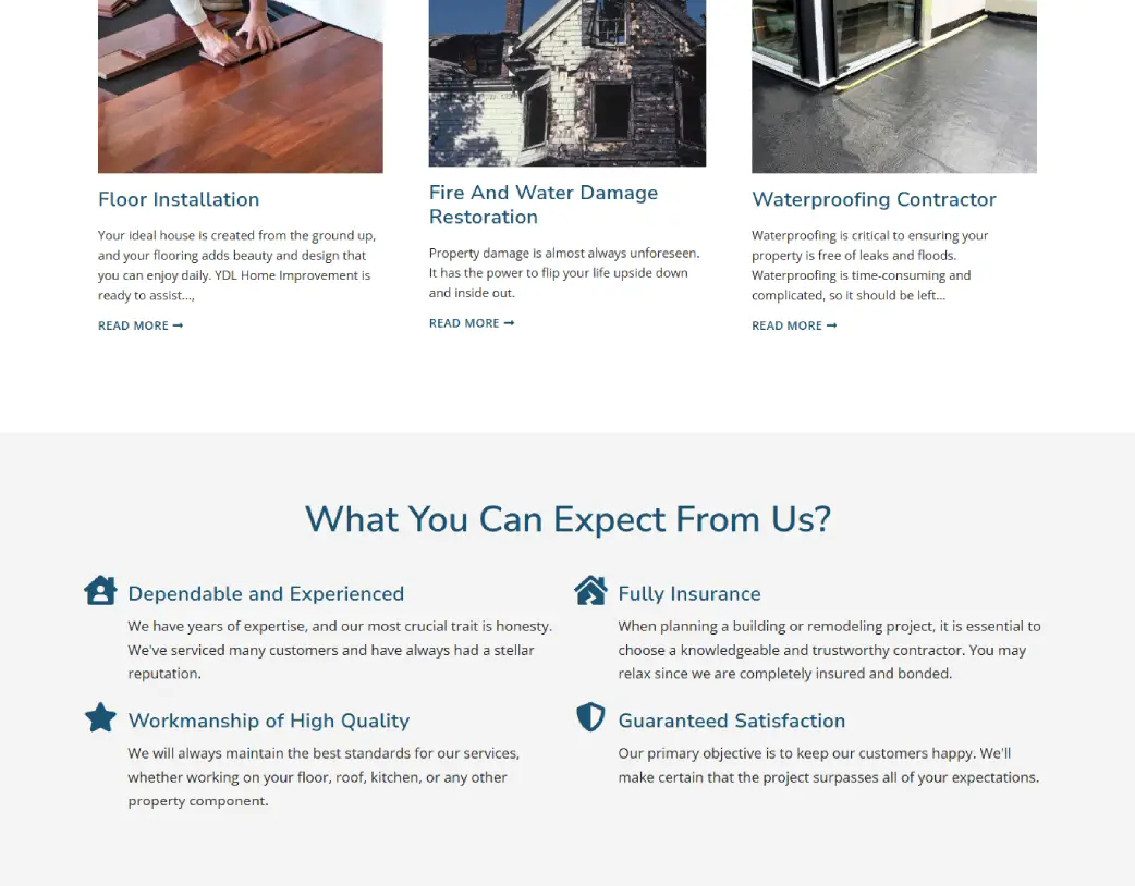 Homepage What you can expect section of YDL Home Improvement website designed and developed using WordPress and Elementor by Vishal Chaudhary