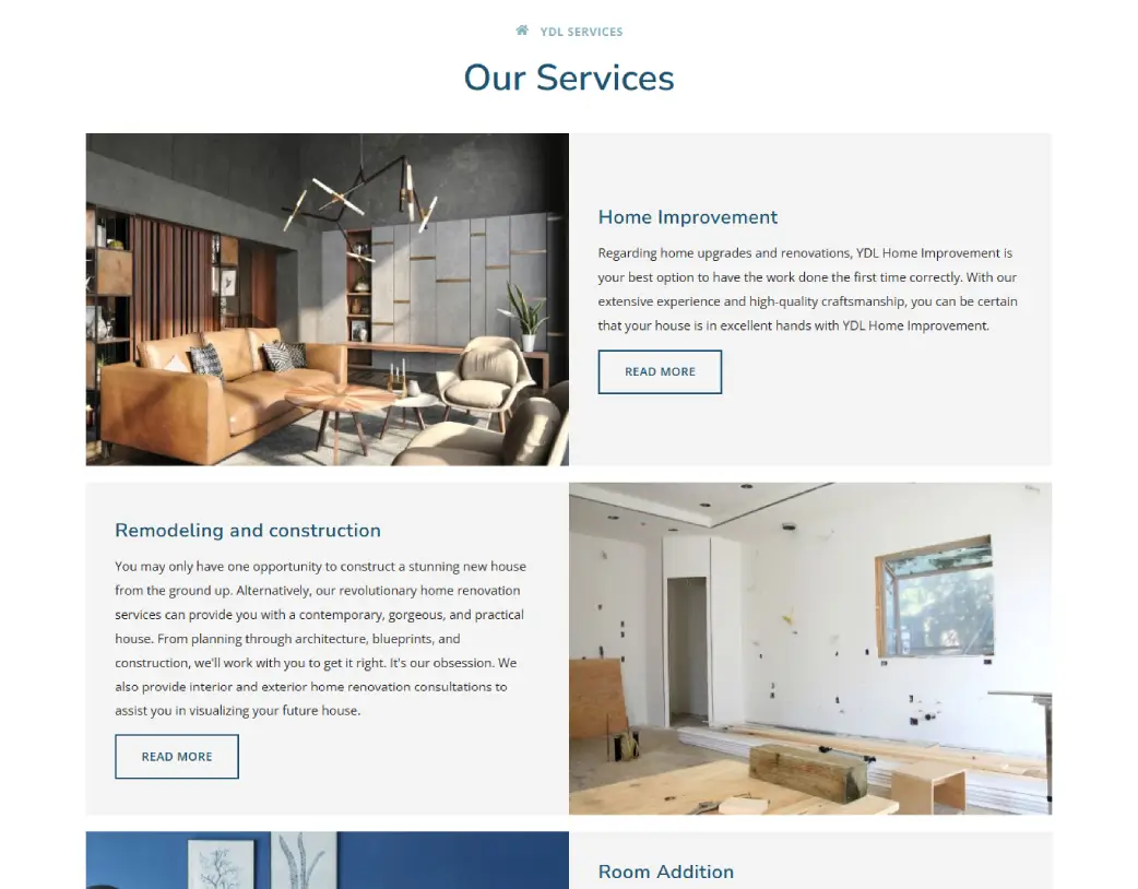 Services page services list section of YDL Home Improvement, designed and developed using WordPress and Elementor by Vishal Chaudhary