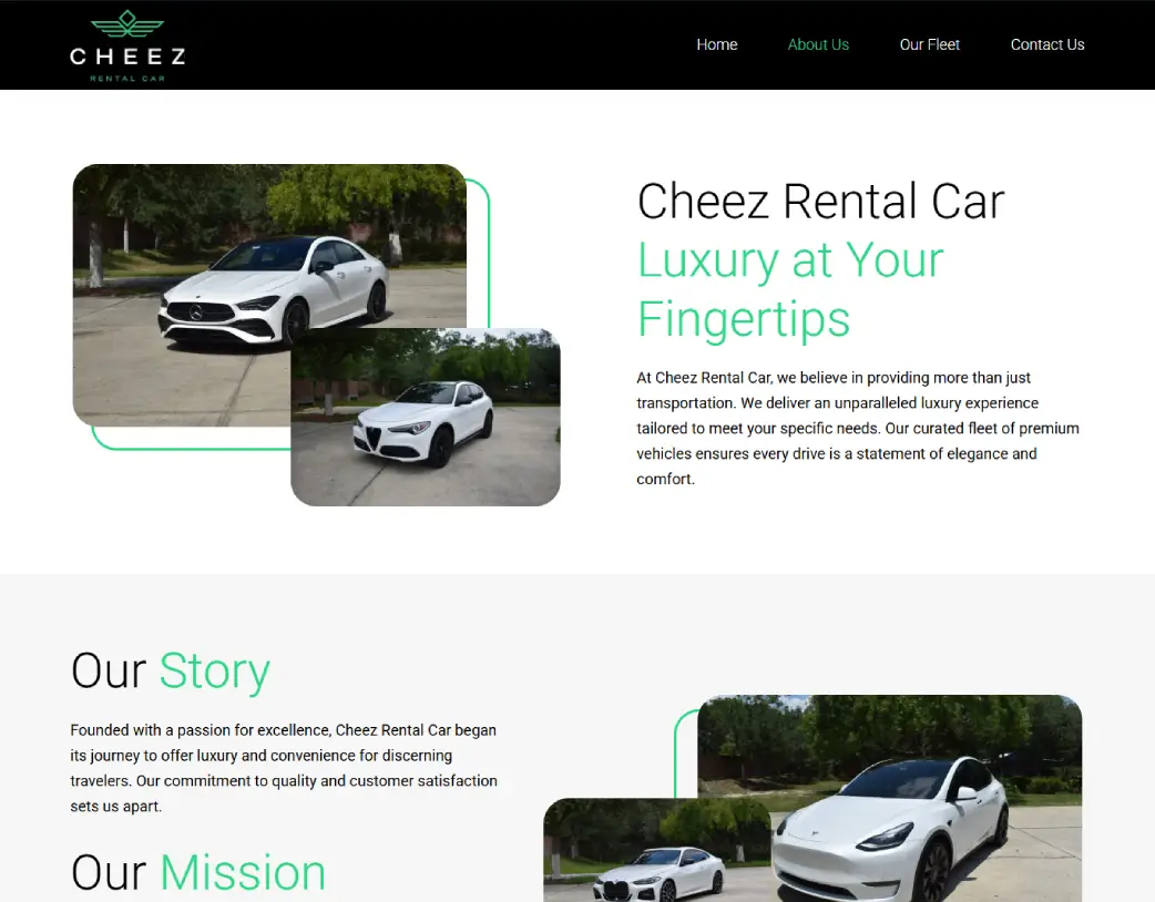 About Us page of Cheez Rental Car website developed from Figma design using WordPress, Elementor, and ACF by Vishal Chaudhary