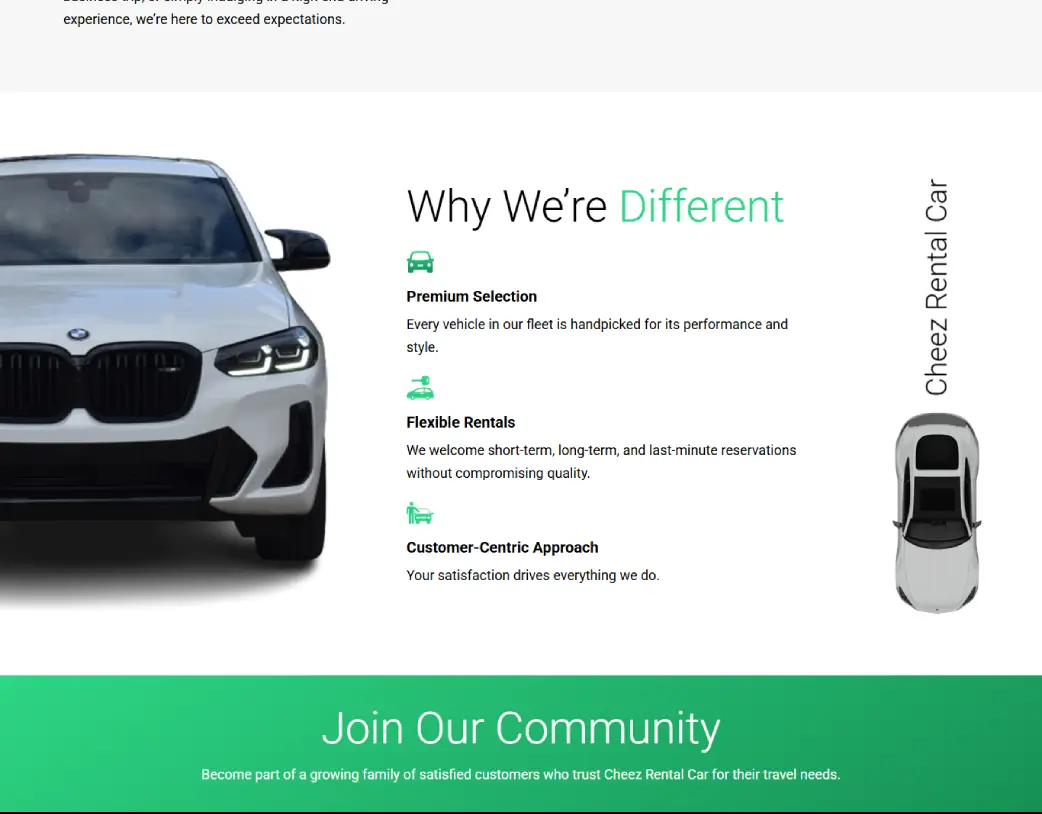 Why We’re Different section on Cheez Rental Car About Us page developed using WordPress, Elementor, and ACF from Figma design by Vishal Chaudhary