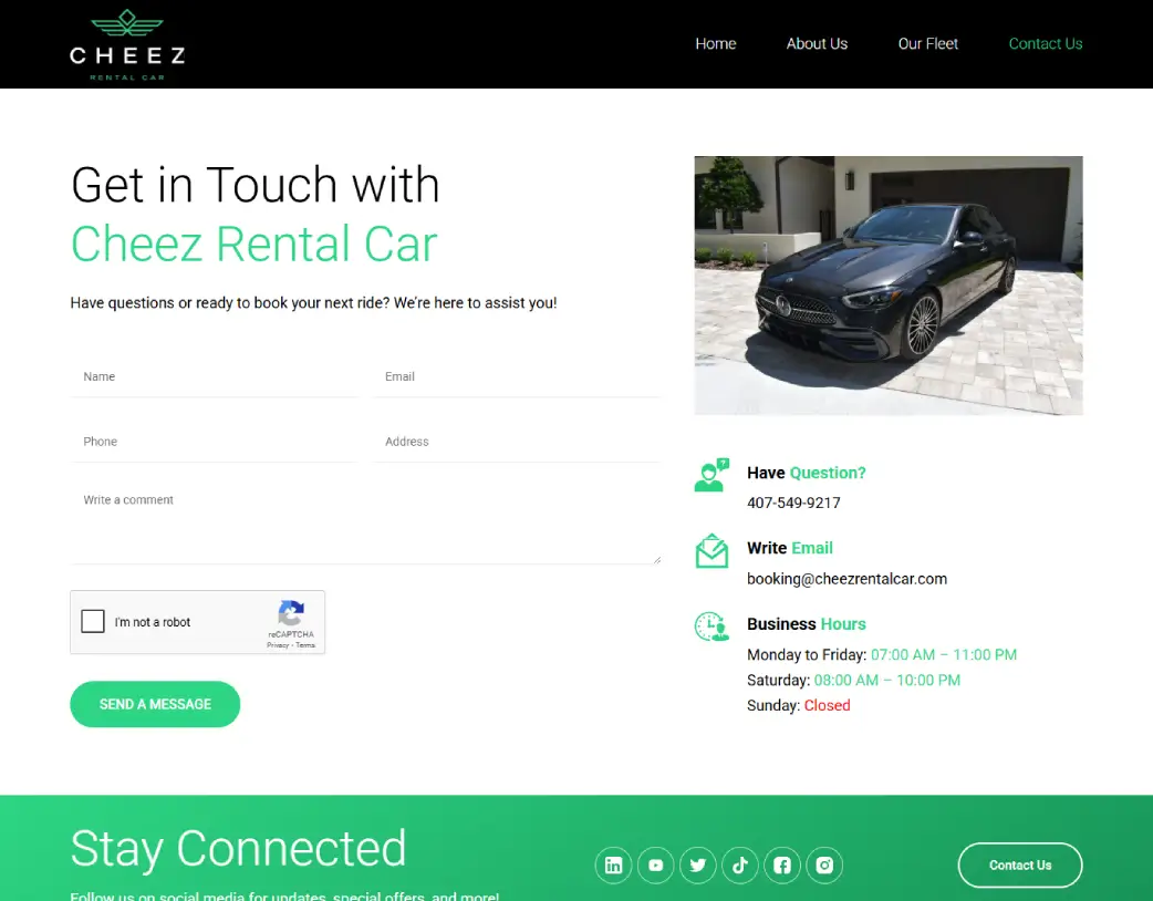 Contact us page of Cheez Rental Car website developed from Figma design using WordPress, Elementor, and ACF by Vishal Chaudhary