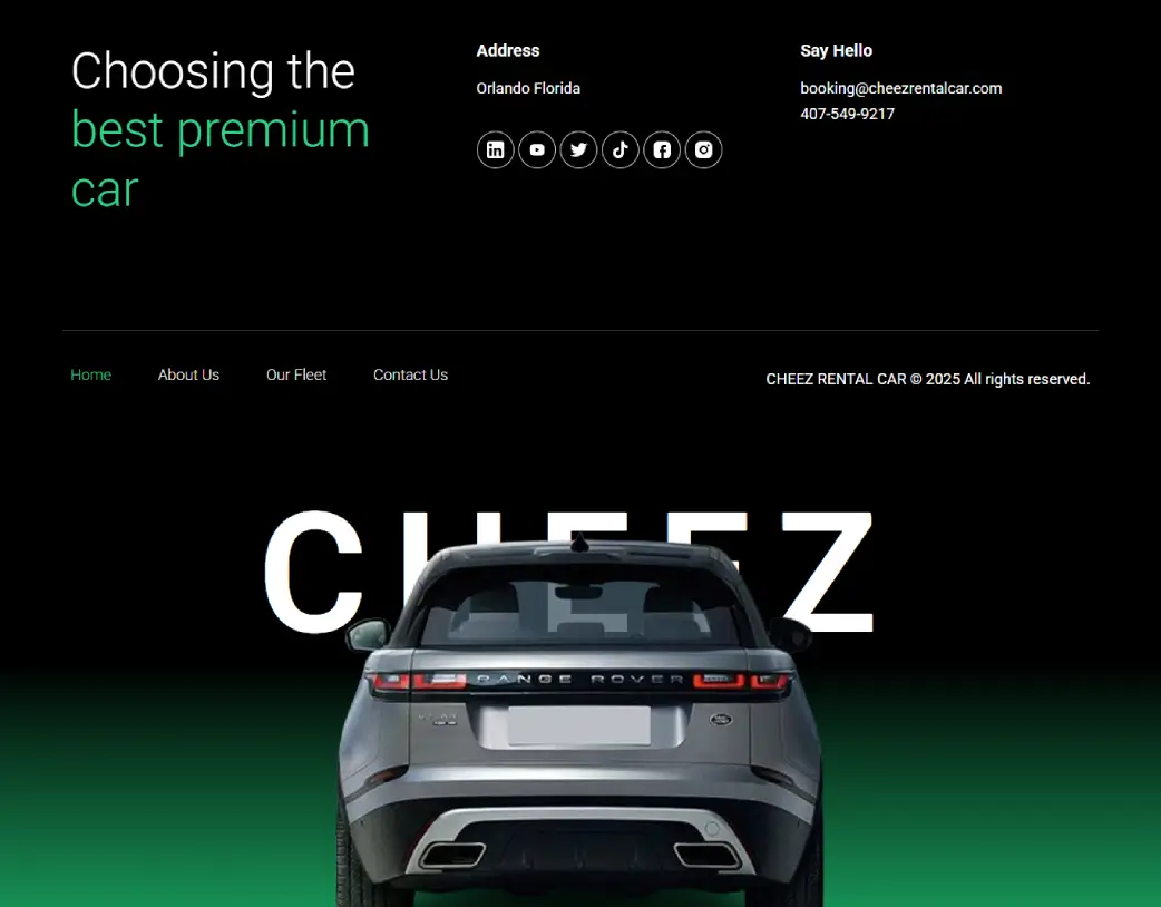 Footer of Cheez Rental Car website developed from Figma design using WordPress, Elementor, and ACF by Vishal Chaudhary