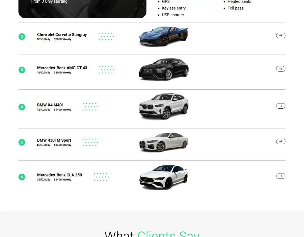 Fleet list section on Cheez Rental Car homepage built with Elementor and ACF, converted from Figma by Vishal Chaudhary