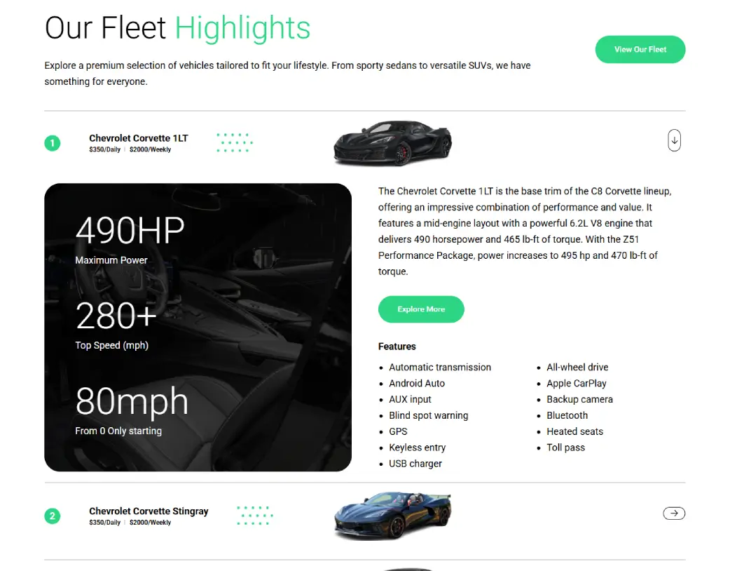 Our fleet section on Cheez Rental Car homepage built with Elementor and ACF, converted from Figma by Vishal Chaudhary