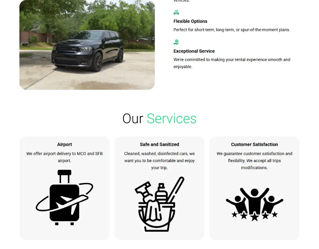Our Services section on Cheez Rental Car homepage built with Elementor and ACF, converted from Figma by Vishal Chaudhary