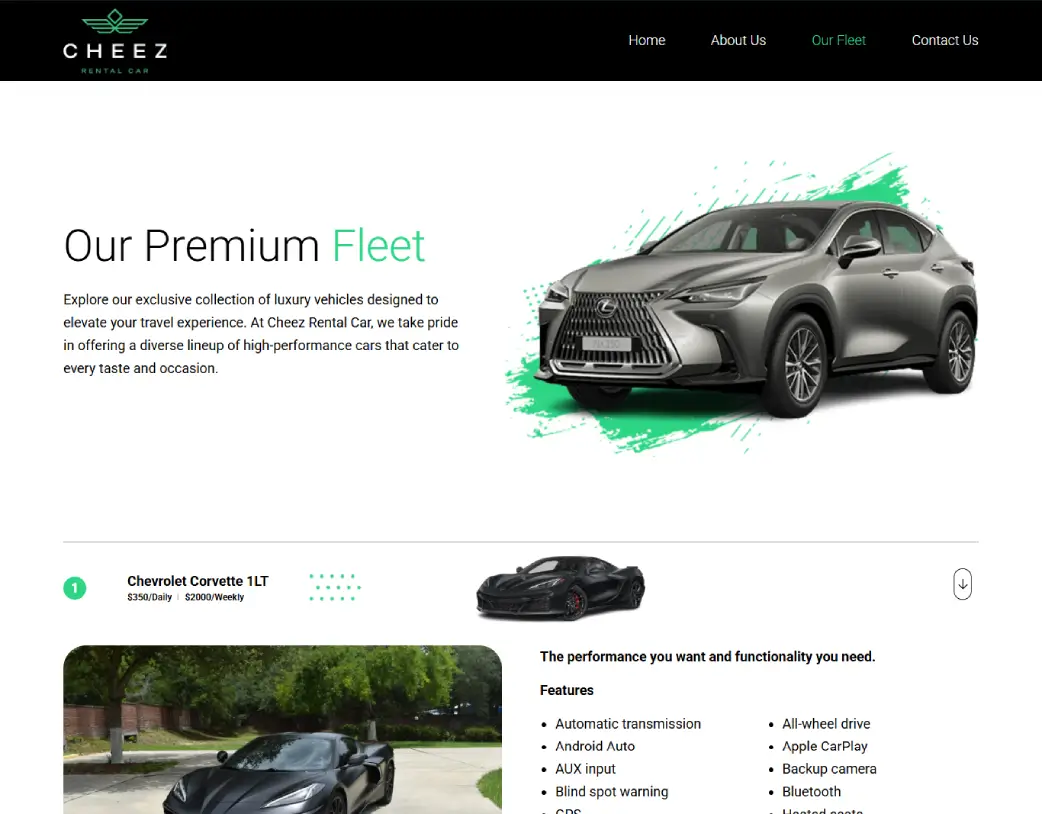 Our Fleet page of Cheez Rental Car website developed from Figma design using WordPress, Elementor, and ACF by Vishal Chaudhary