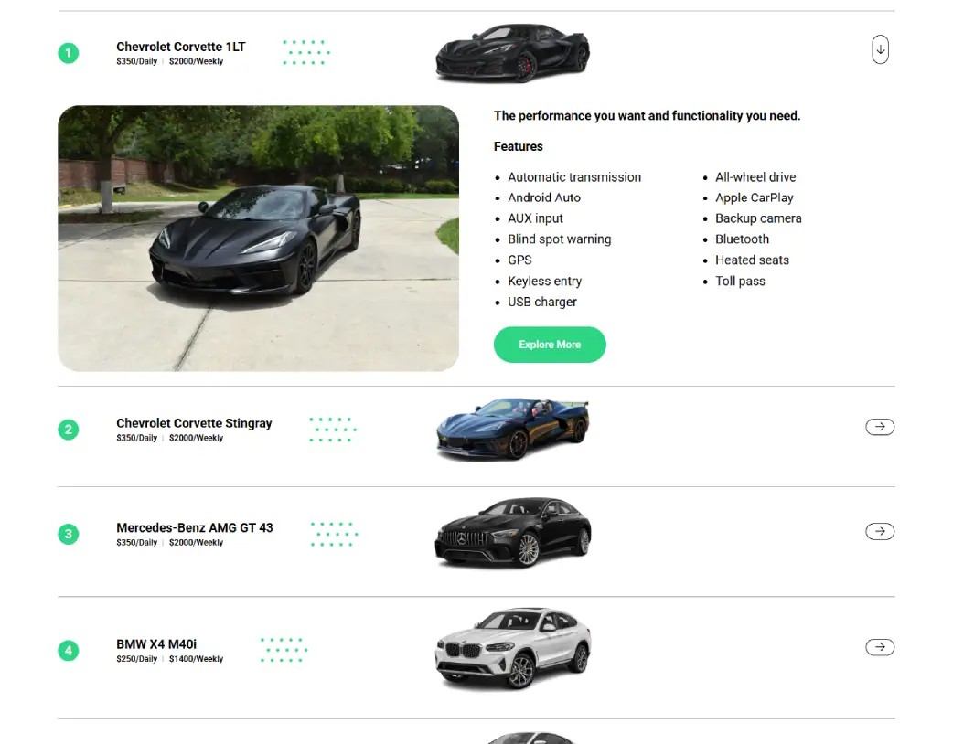 All Fleet Lists section on Cheez Rental Car Our Fleet page developed using WordPress, Elementor, and ACF from Figma design by Vishal Chaudhary