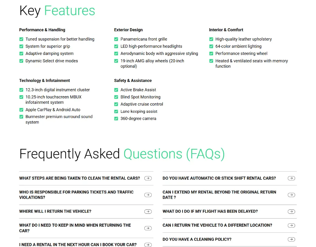 Key Features and Faq Sections on Cheez Rental Car Single fleet detail page developed using WordPress, Elementor, and ACF from Figma design by Vishal Chaudhary