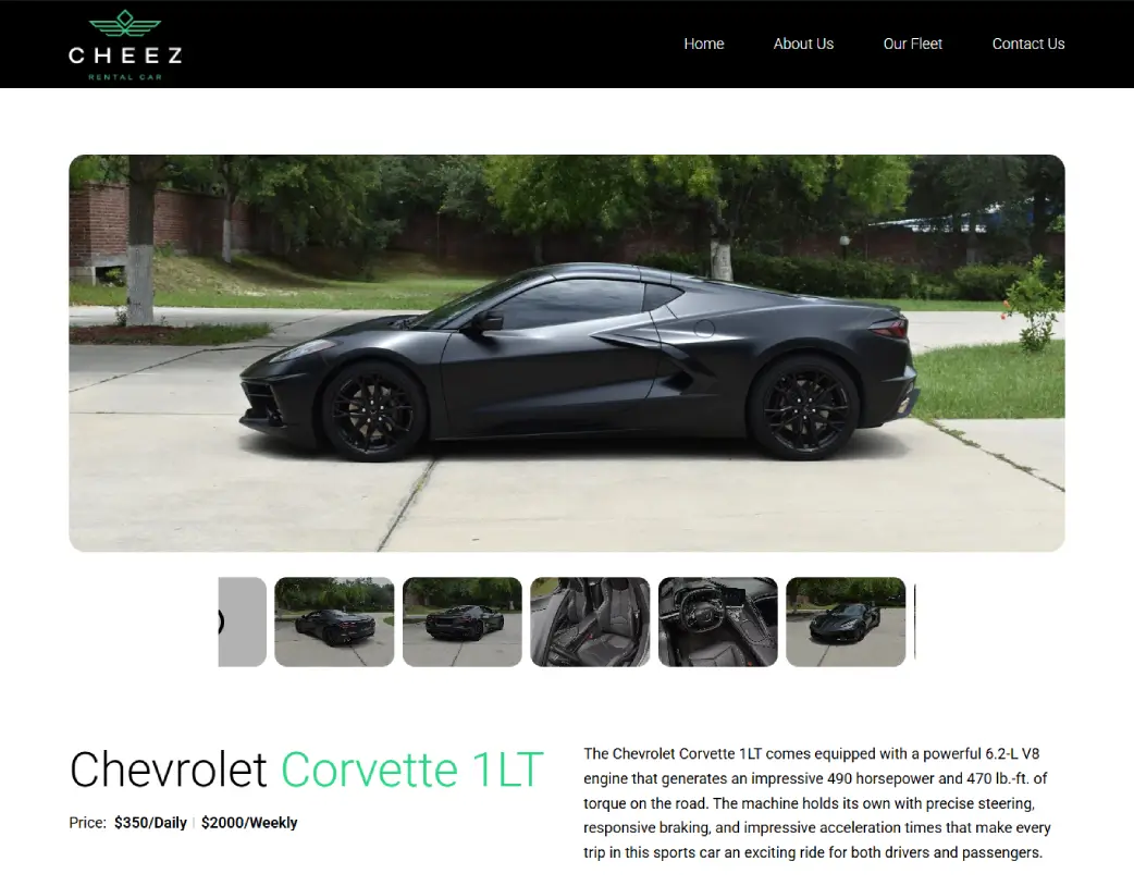 Single fleet detail page for Cheez Rental Car developed in WordPress using Elementor and ACF, based on Figma design by Vishal Chaudhary