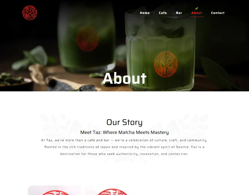 About Us page of Taz Matcha Cafe & Bar website, built with Elementor from Figma design by Vishal Chaudhary