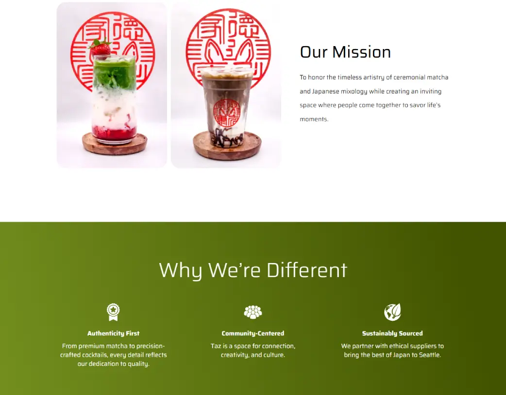 Our Mission section on the About Us page of Taz Matcha Cafe & Bar Website, built in Elementor from Figma design by Vishal Chaudhary