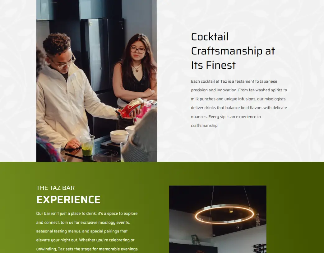 Cocktail Craftsmanship Section on the Bar page of Taz Matcha Cafe & Bar Website, built in Elementor from Figma design by Vishal Chaudhary