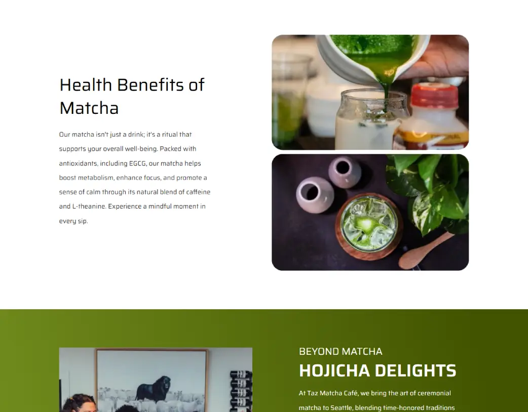 Health Benefits Section on the Cafe page of Taz Matcha Cafe & Bar Website, built in Elementor from Figma design by Vishal Chaudhary
