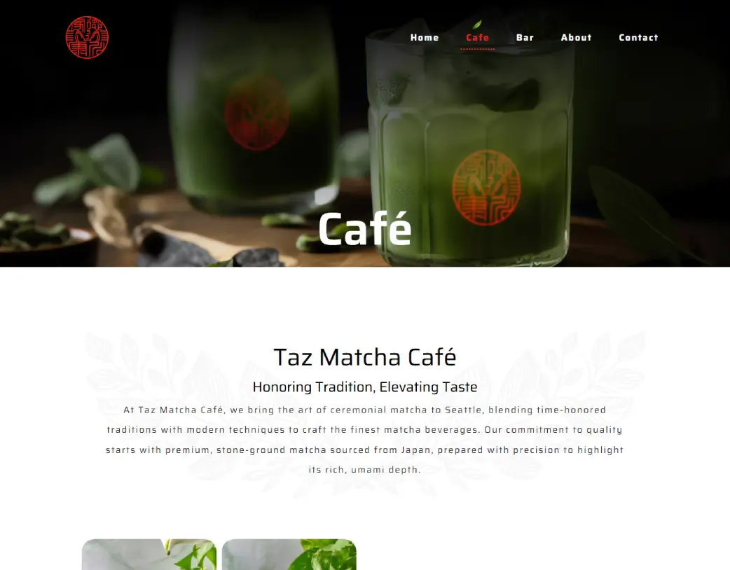 Cafe page of Taz Matcha Cafe & Bar website, built with Elementor from Figma design by Vishal Chaudhary