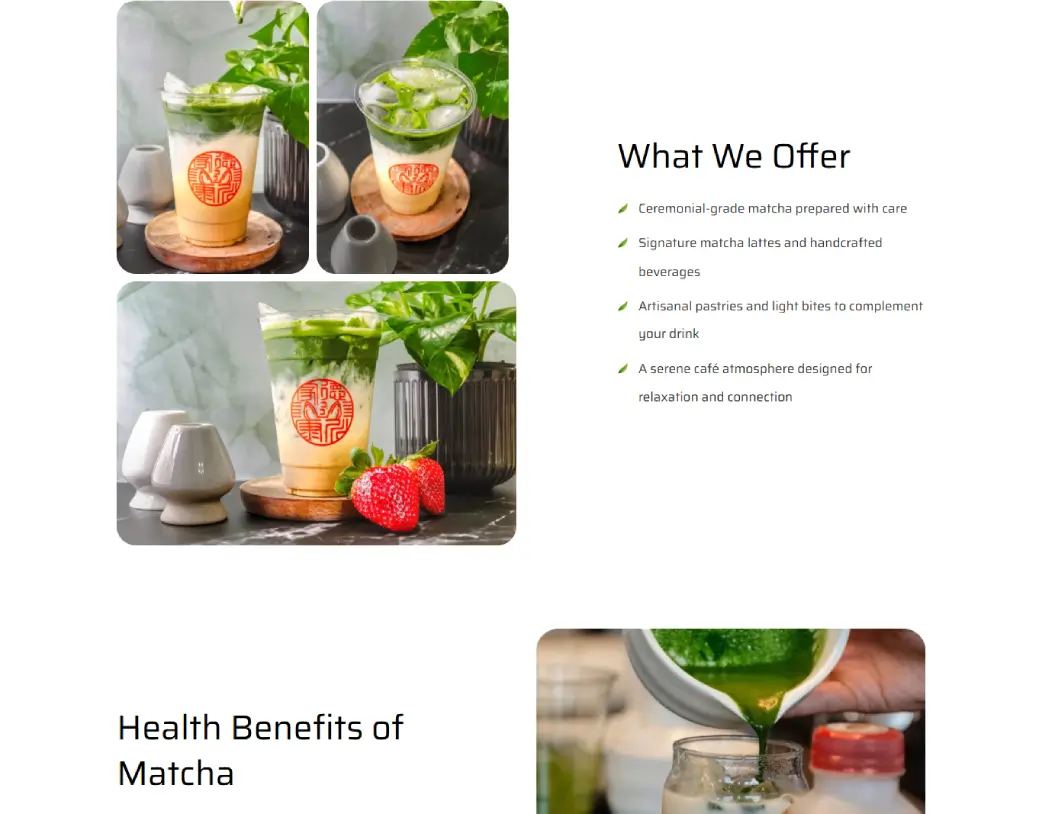 What We Offer Section on the Cafe page of Taz Matcha Cafe & Bar Website, built in Elementor from Figma design by Vishal Chaudhary