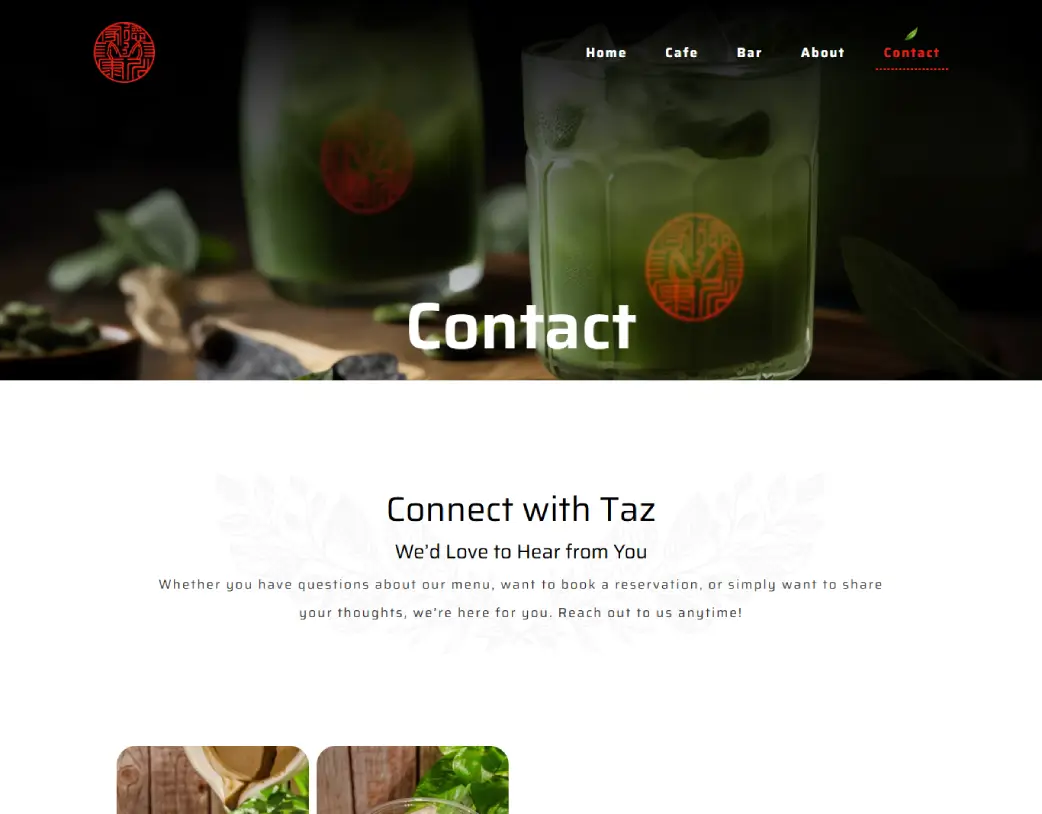 Contact us page of Taz Matcha Cafe & Bar website, built with Elementor from Figma design by Vishal Chaudhary