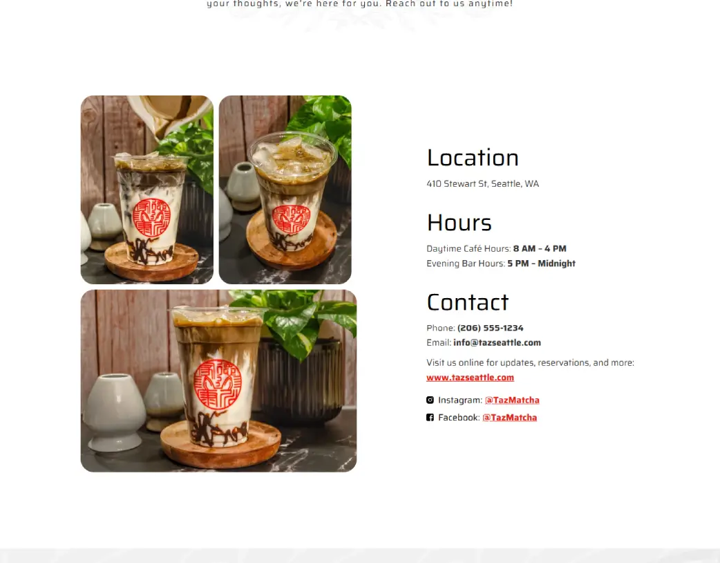 Get In Touch Section on the Contact Us page of Taz Matcha Cafe & Bar Website, built in Elementor from Figma design by Vishal Chaudhary