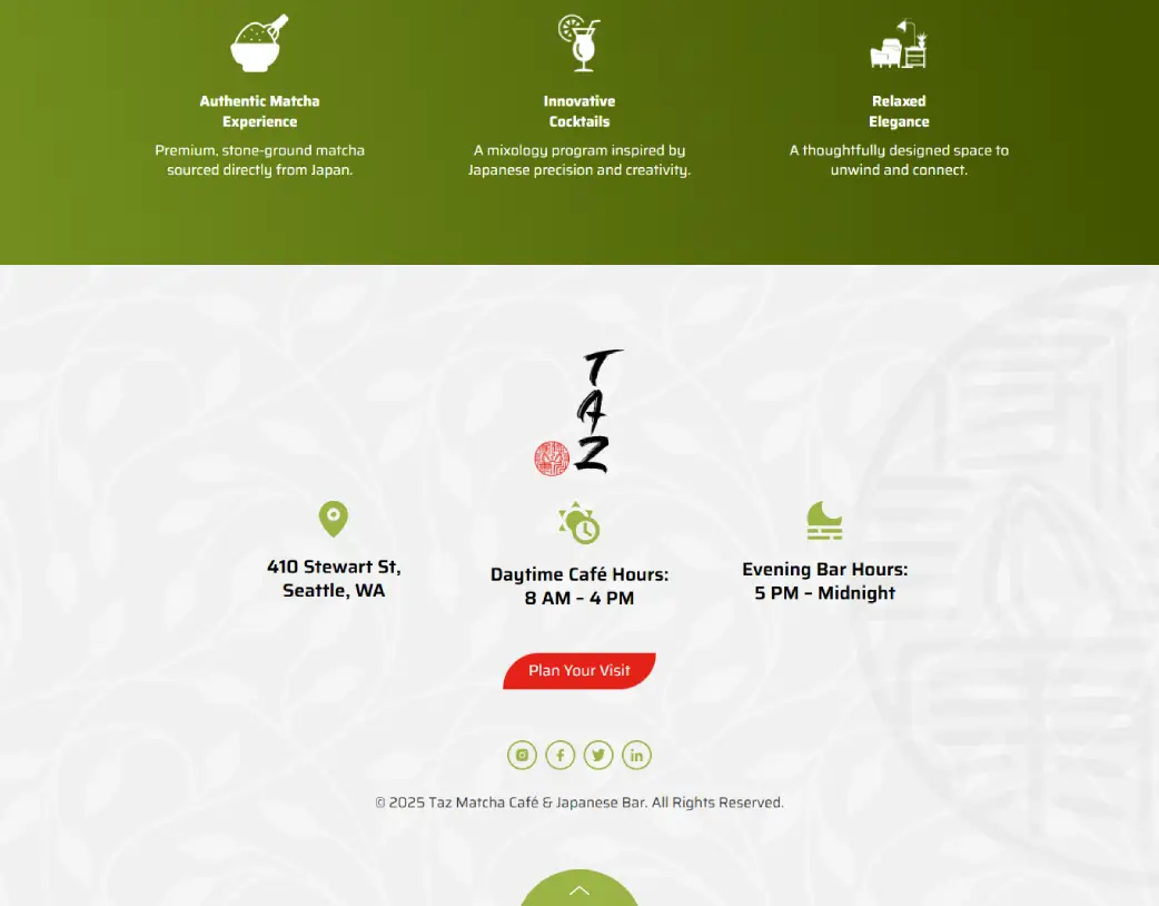 Global footer of Taz Matcha Cafe & Bar website, built with Elementor from Figma design by Vishal Chaudhary