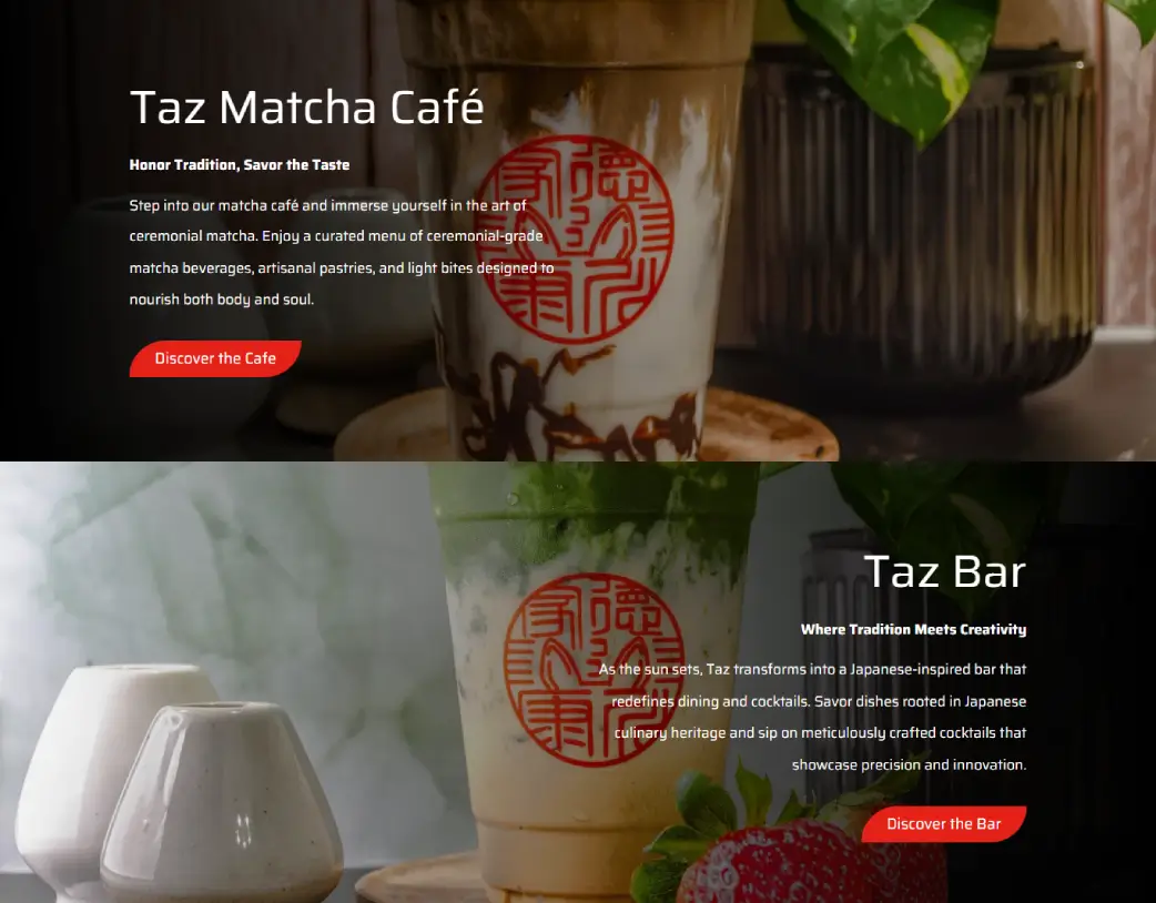 Bar section on the homepage of Taz Matcha Cafe & Bar Website, built in Elementor from figma design by Vishal Chaudhary