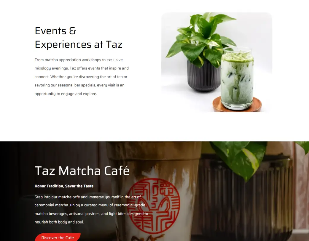 Cafe section on the homepage of Taz Matcha Cafe & Bar Website, built in Elementor from figma design by Vishal Chaudhary