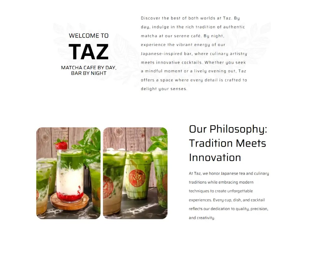 Welcome to Taz section on the homepage of Taz Matcha Cafe & Bar website, built in Elementor from Figma design by Vishal Chaudhary