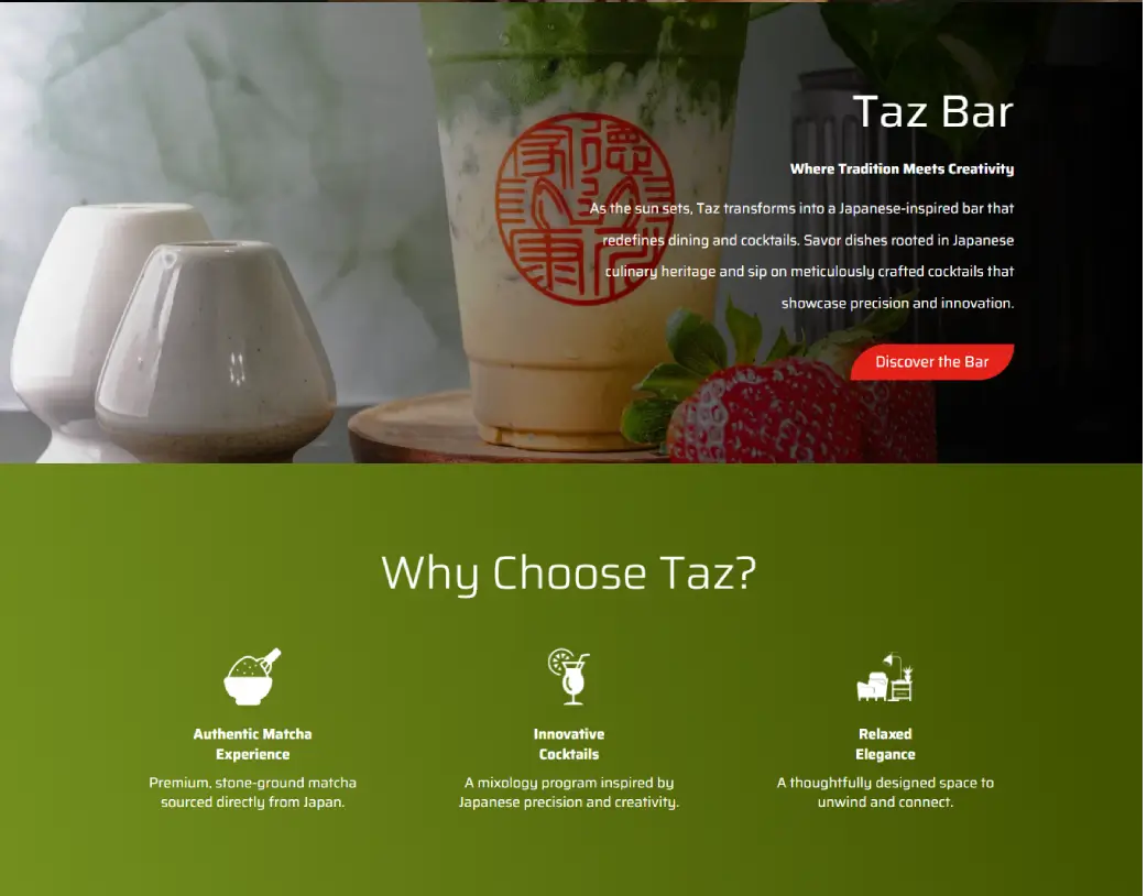 Why Choose Us section on the homepage of Taz Matcha Cafe & Bar Website, built in Elementor from figma design by Vishal Chaudhary