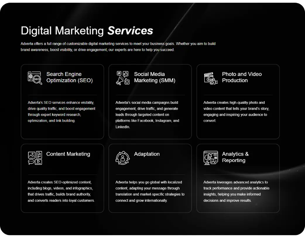 Services Section of Adverta Marketing Landing Page Developed in WordPress using Elementor by Vishal Chaudhary
