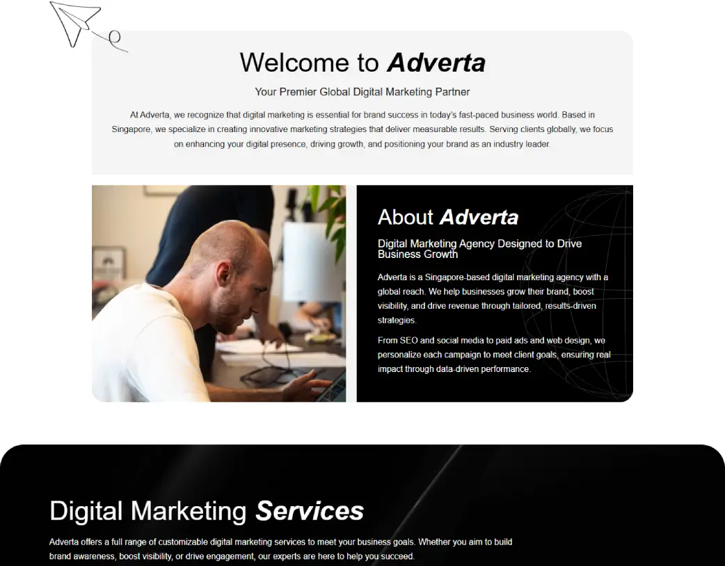 Welcome Section of Adverta Marketing Landing Page Designed in WordPress using Elementor by Vishal Chaudhary