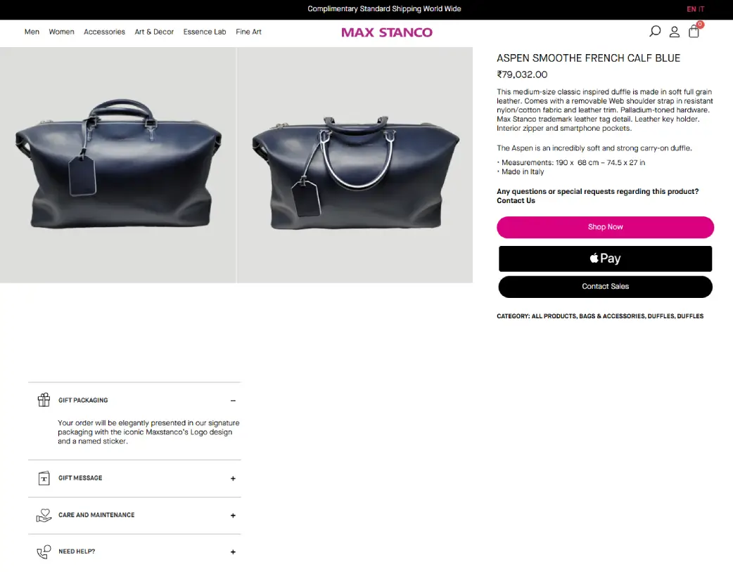 Bag product detail page design and development for the Max Stanco WooCommerce store, created using Elementor by Vishal Chaudhary