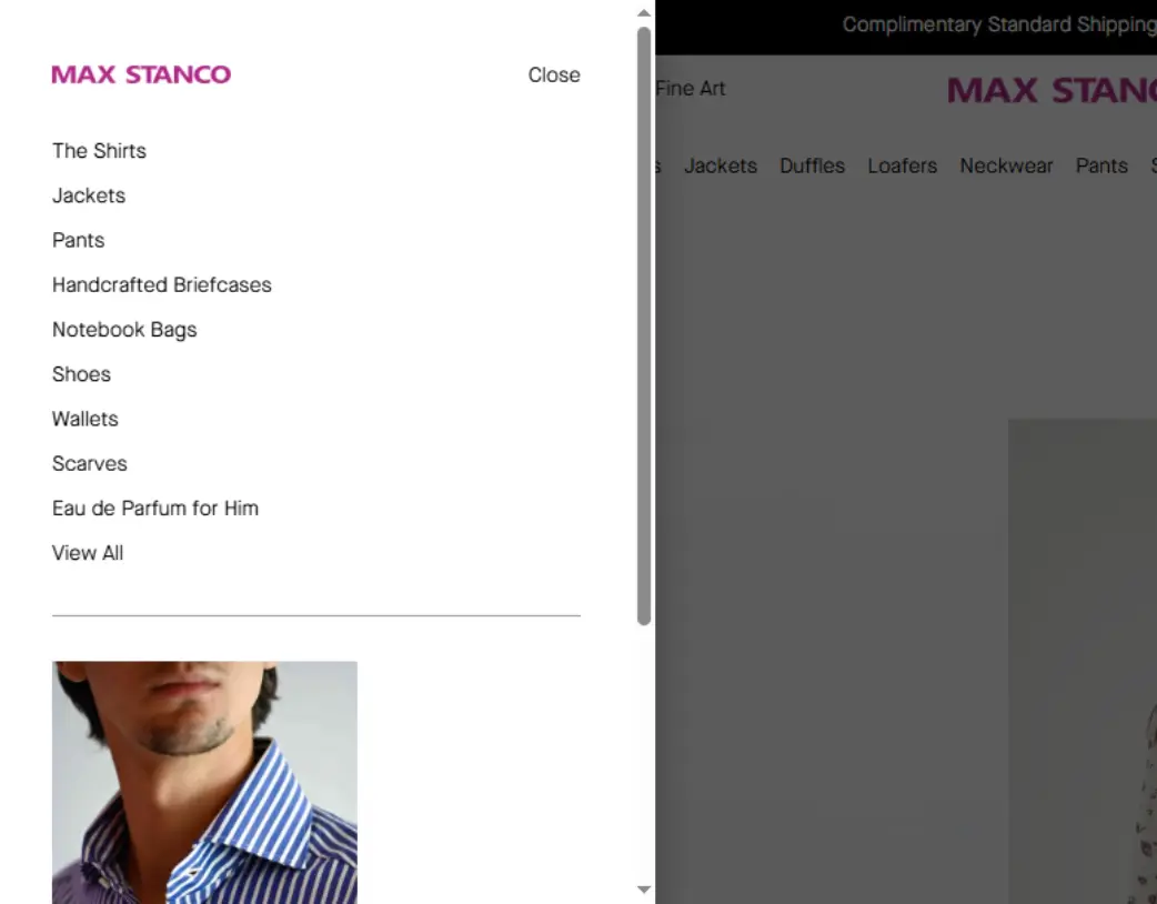 Custom WooCommerce category drawer menu design and development for Max Stanco store by Vishal Chaudhary