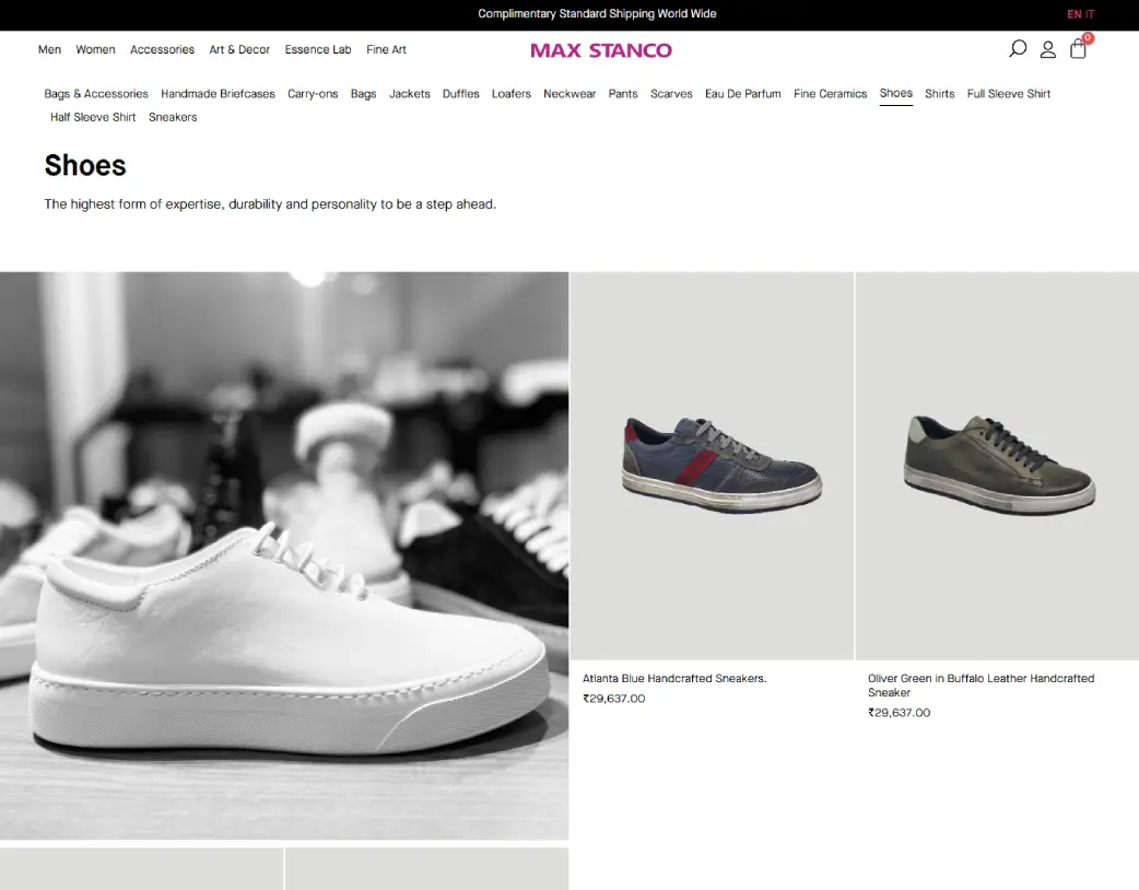 Men's Shoes category design and development for the Max Stanco WooCommerce store, created using Elementor by Vishal Chaudhary