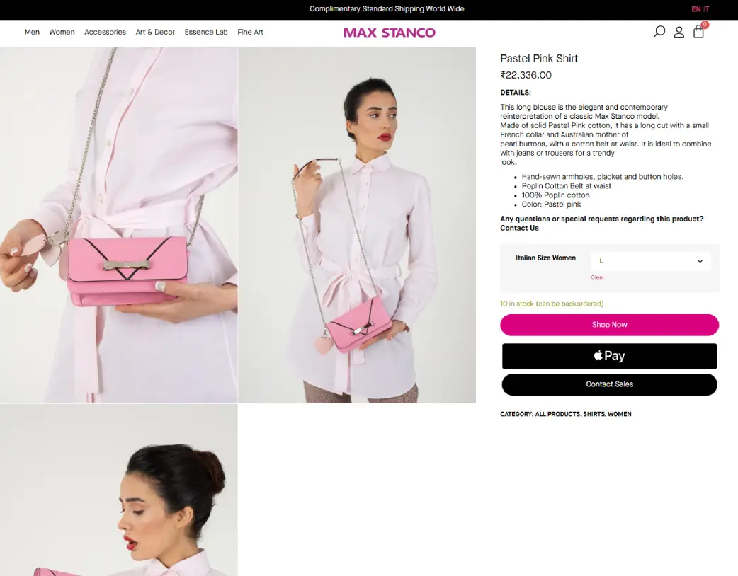 Women’s clutch product detail page design and development for the Max Stanco WooCommerce store, created using Elementor by Vishal Chaudhary