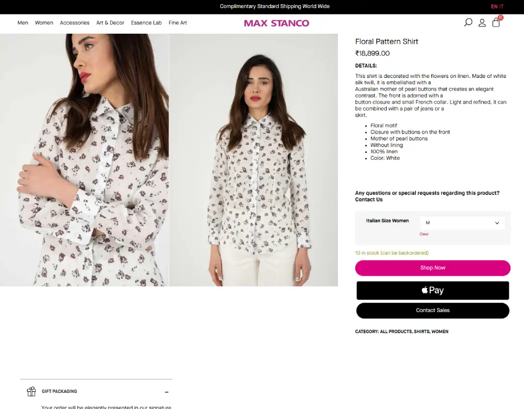 Women’s Shirt product detail page design and development for the Max Stanco WooCommerce store, created using Elementor by Vishal Chaudhary