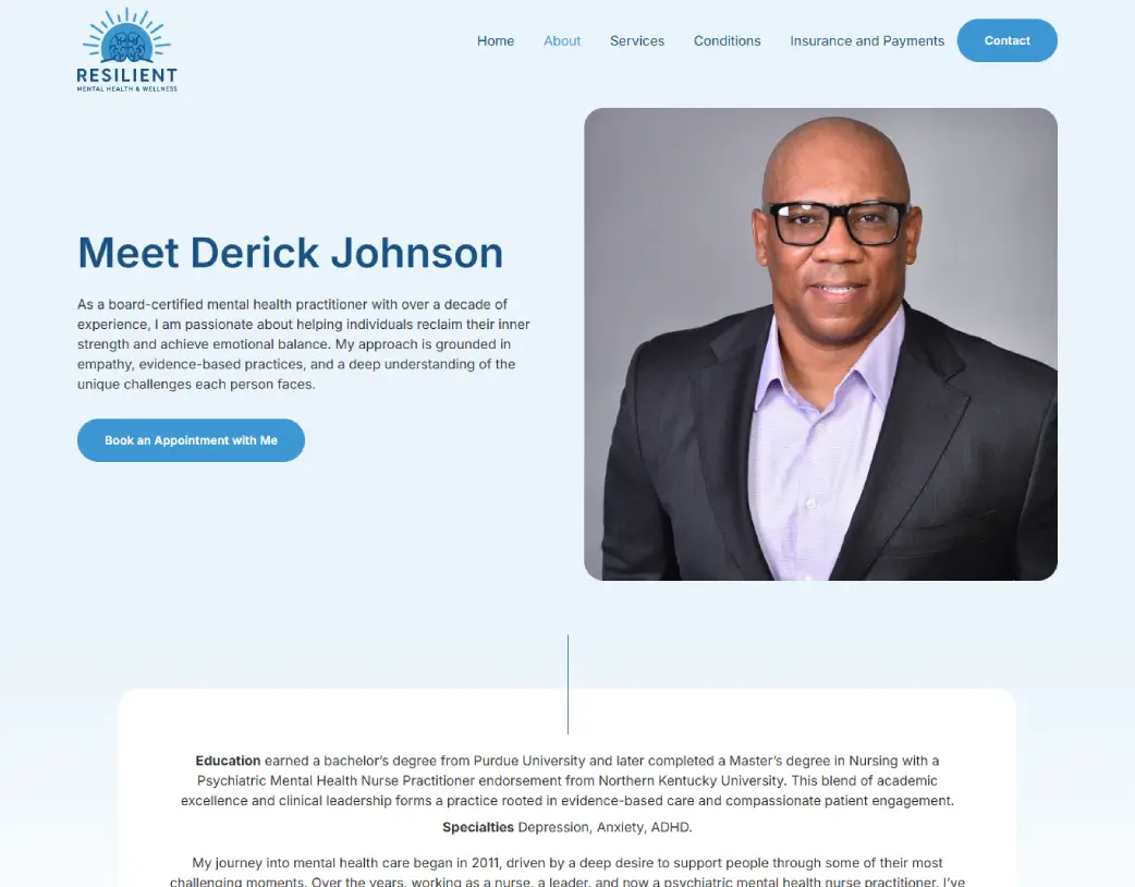 Resilient Mental Health Website About Us page – UI/UX Design and WordPress Development using Elementor by Vishal Chaudhary