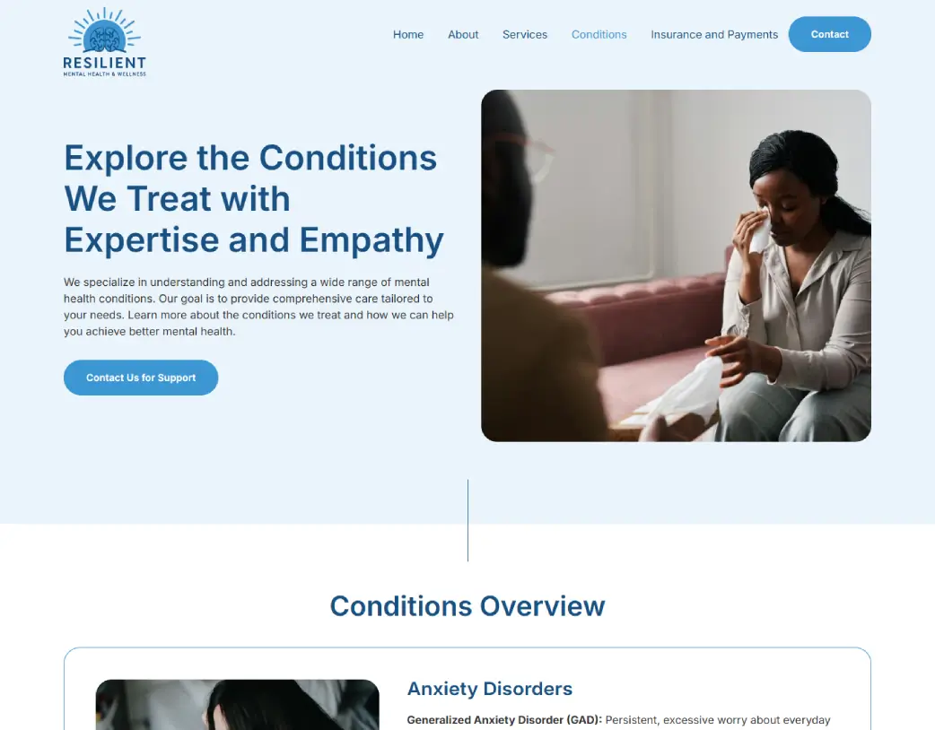 Resilient Mental Health Website Condition page – UI/UX Design and WordPress Development using Elementor by Vishal Chaudhary