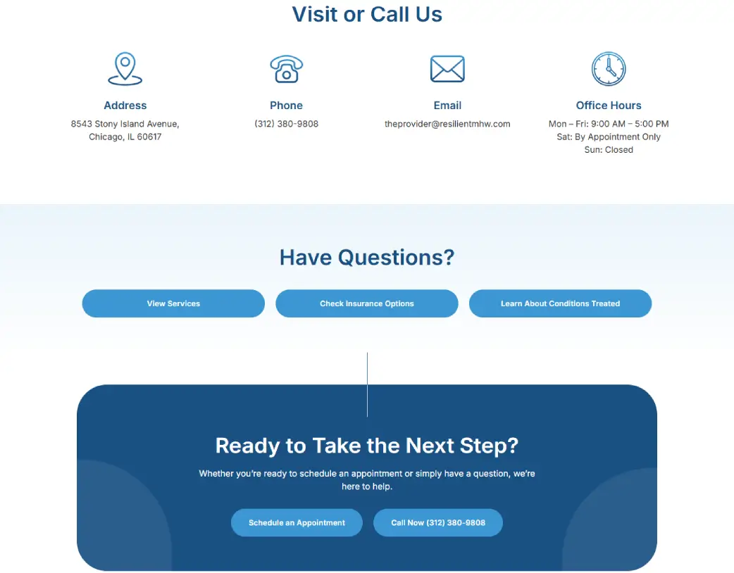 Resilient Mental Health Website Contact Us page Address Section – UI/UX Design and WordPress Development using Elementor by Vishal Chaudhary