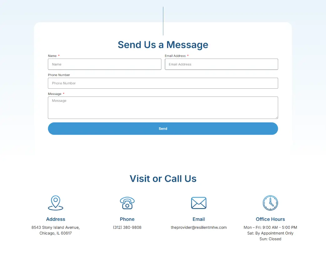 Resilient Mental Health Website Contact Us page Contact form Section – UI/UX Design and WordPress Development using Elementor by Vishal Chaudhary