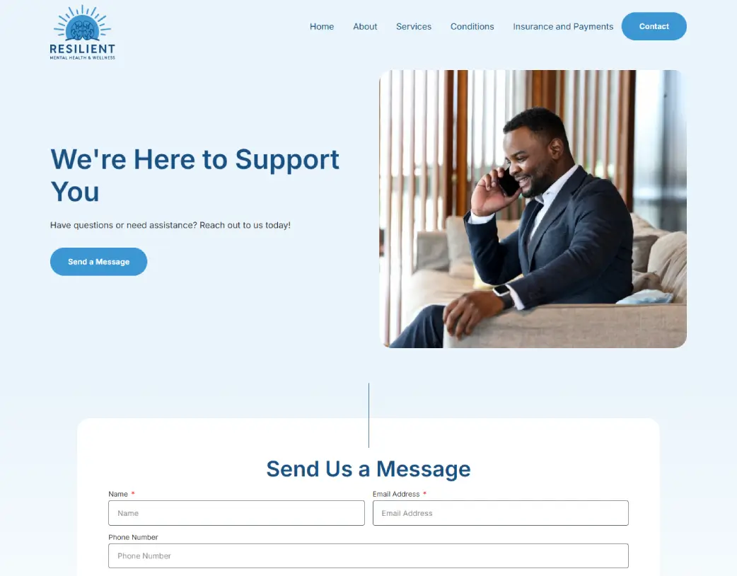 Resilient Mental Health Website Contact us page – UI/UX Design and WordPress Development using Elementor by Vishal Chaudhary