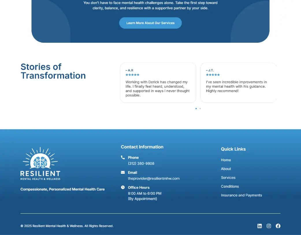 Resilient Mental Health Website Footer – UI/UX Design and WordPress Development using Elementor by Vishal Chaudhary