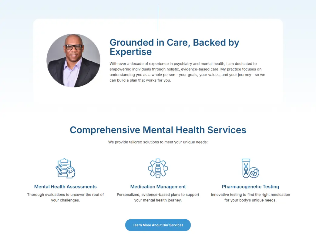 Resilient Mental Health Homepage Author & Service Section – UI/UX Design and WordPress Development using Elementor by Vishal