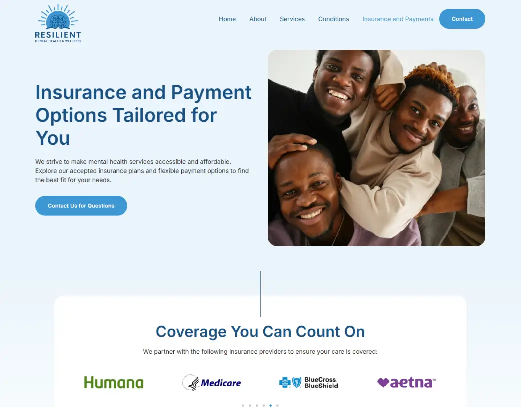 Resilient Mental Health Website Insurance and Payment page – UI/UX Design and WordPress Development using Elementor by Vishal Chaudhary