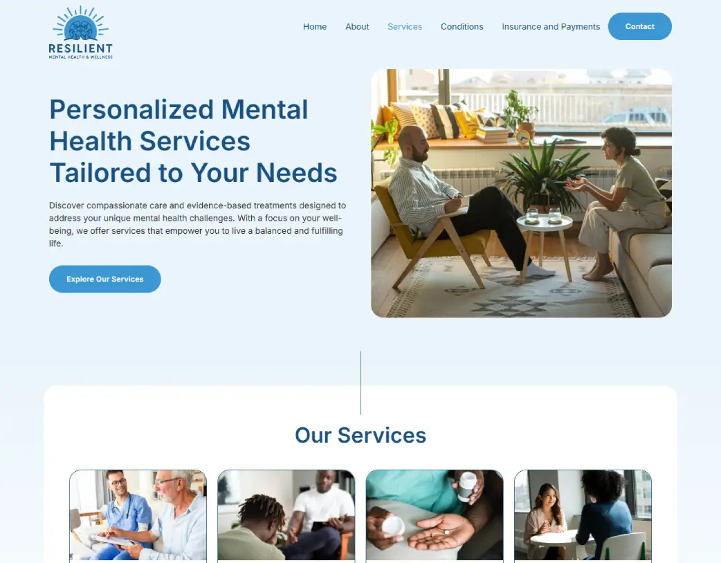 Resilient Mental Health Website Service page – UI/UX Design and WordPress Development using Elementor by Vishal Chaudhary